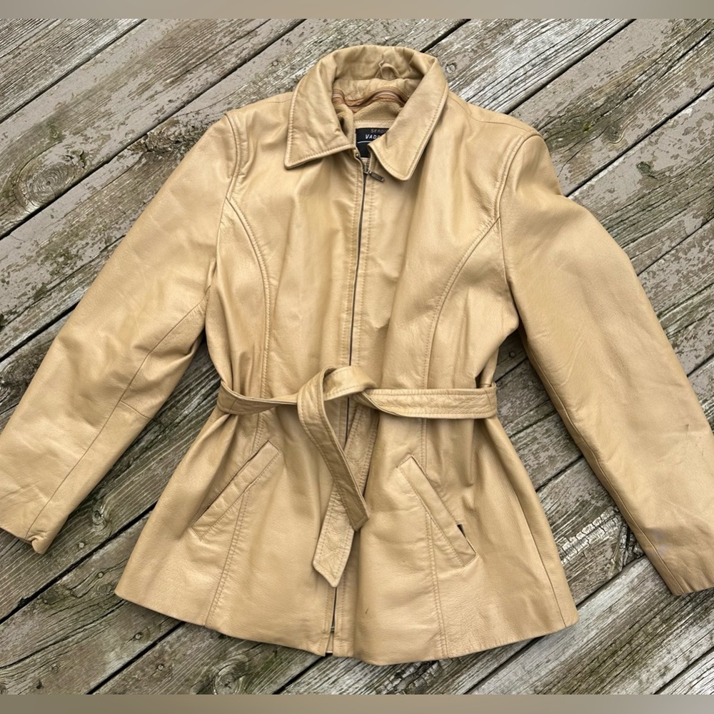 SERGIO VADDUCCI Leather Jacket Coat ZIP BELTED Removable Lining TAN Woman’s L